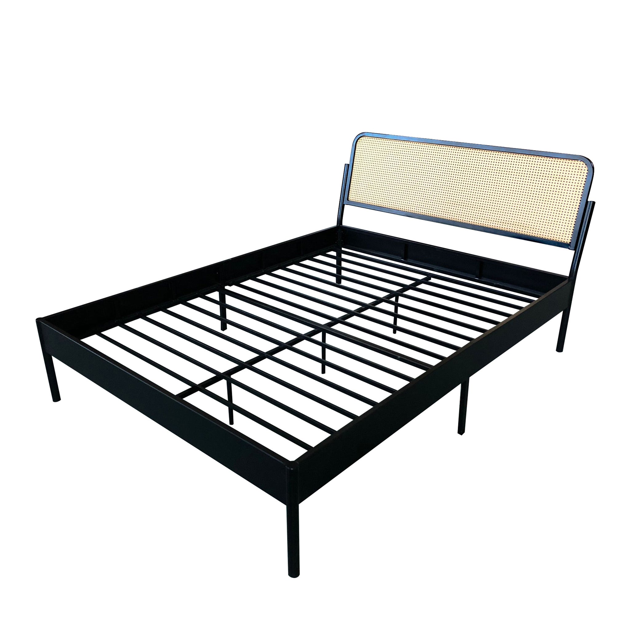 Black metal bed frame with a woven rattan headboard, featuring metal slats for mattress support. The background is plain white.