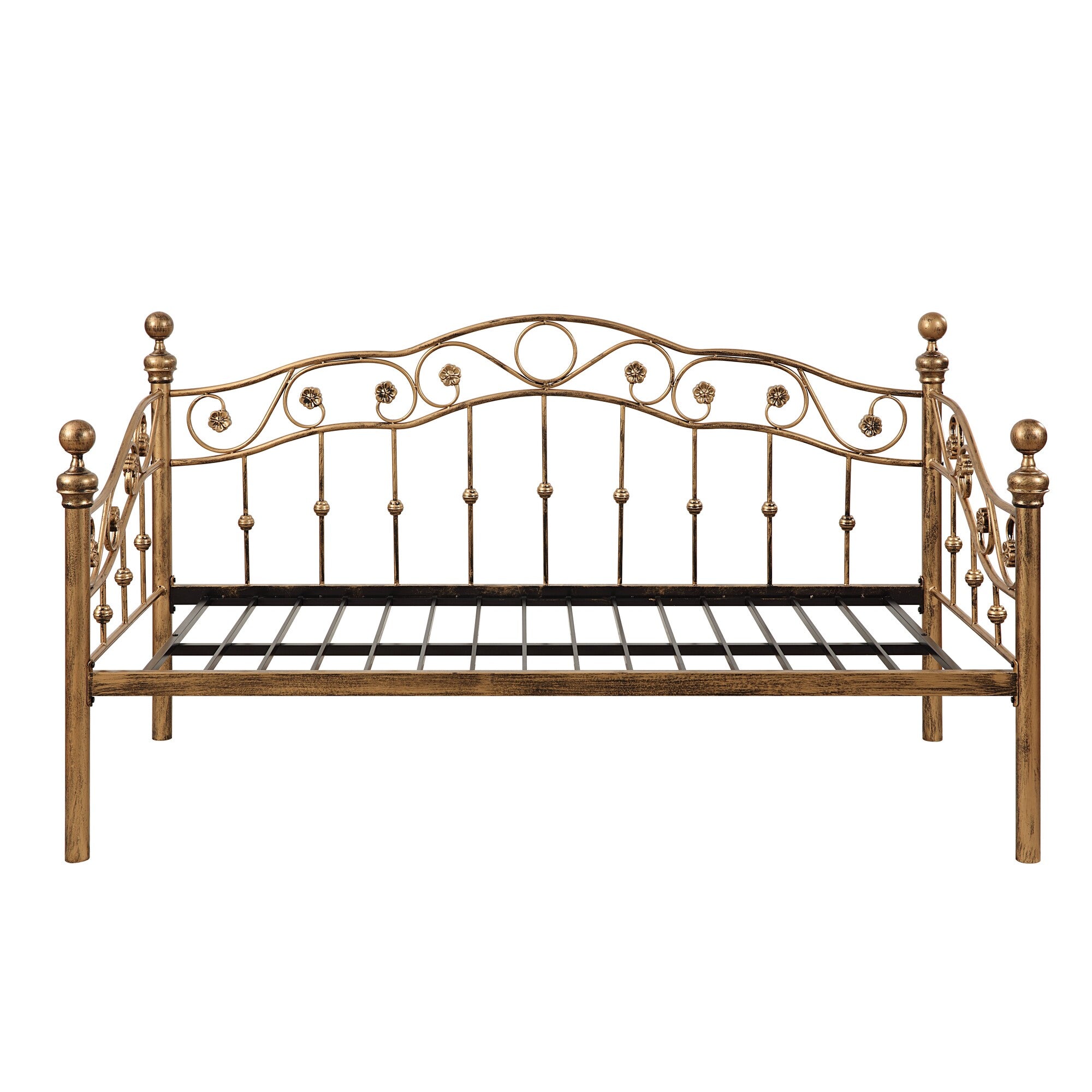Bronze-coloured metal daybed with a swirl design and decorative finials on the posts, featuring a slatted base for mattress support. The background is plain white.