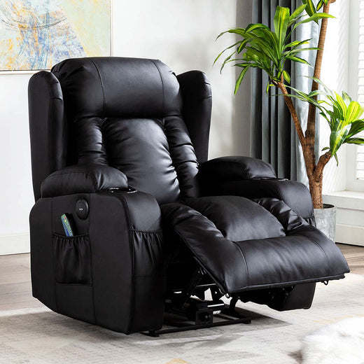 Black leather electric recliner with a cushioned backrest featuring detailed vertical stitching, front and side pockets, and cup holders. The chair is partially reclined.