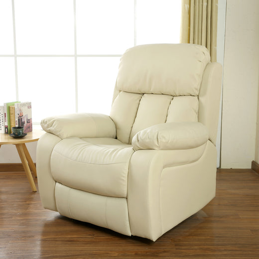 Cream leather electric recliner with padded armrests and a cushioned backrest featuring vertical stitching details, set in a living room with wood flooring and a side table.