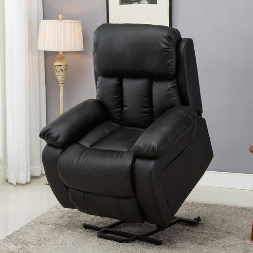 Black leather rise recliner, featuring padded armrests and a cushioned backrest with vertical stitching details, set in a living room.
