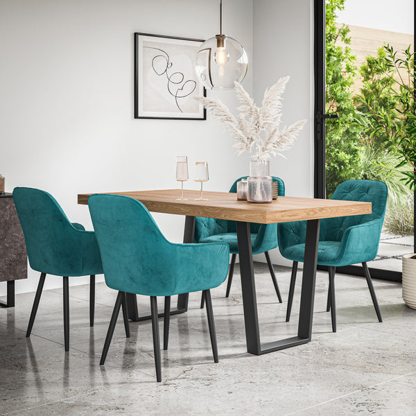 Aria Dining Table And Chairs -  Oak Effect Table Top w Black Legs + Anika Dining Chair Set of 4/6