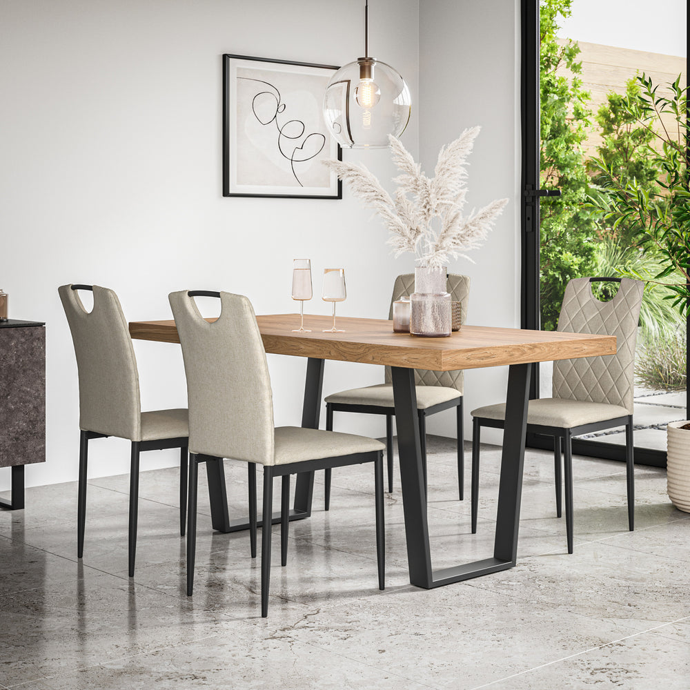 Aria Dining Table And Chairs - Oak Effect Table Top w Black Legs + Monza Dining Chair Set of 4/6