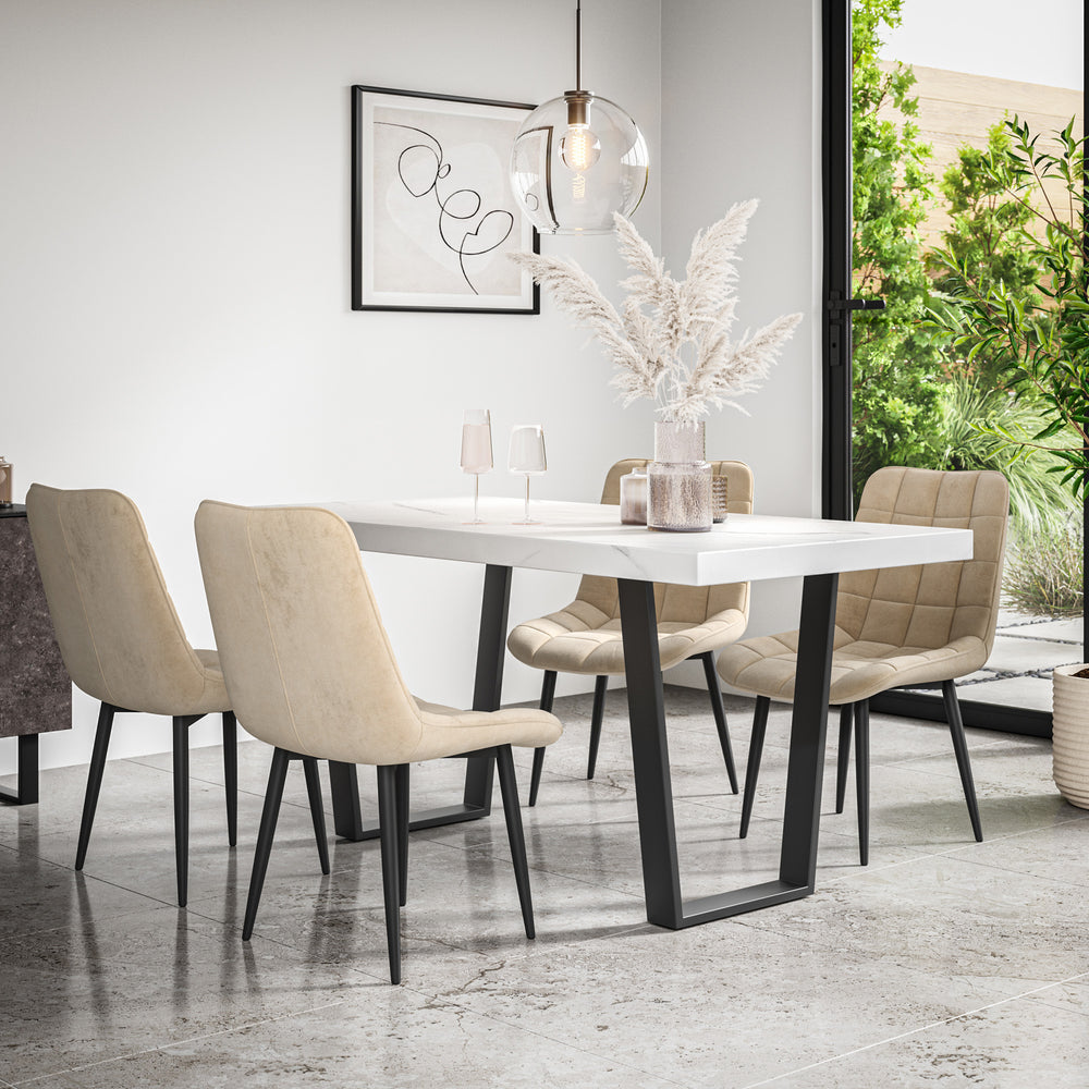 Aria Dining Table And Chairs - White Marble Effect Table Top w Black Legs + Nova Dining Chair Set of 4/6
