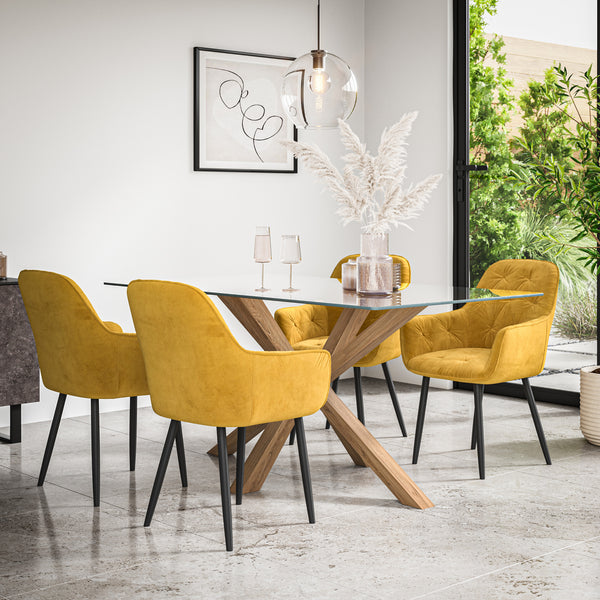 Etta Glass Dining Table And Chairs - Glass Top w Solid Oak Legs + Anika Dining Chair Set of 4/6