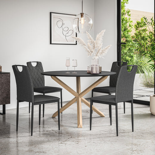 Malvern Round Dining Table And Chairs -  Black Table Top w Solid Oak Legs + Monza Dining Chair Set of 4/6