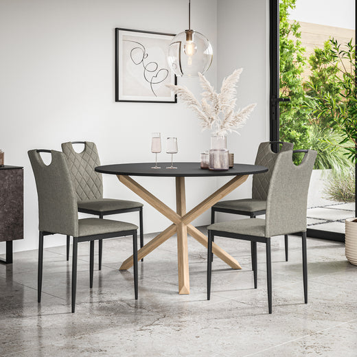 Malvern Round Dining Table And Chairs -  Black Table Top w Solid Oak Legs + Monza Dining Chair Set of 4/6