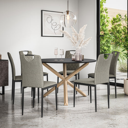 Malvern Round Dining Table And Chairs -  Black Table Top w Solid Oak Legs + Monza Dining Chair Set of 4/6