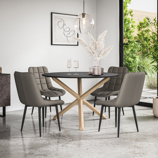 Malvern Round Dining Table And Chairs -  Black Table Top w Solid Oak Legs + Nova Dining Chair Set of 4/6