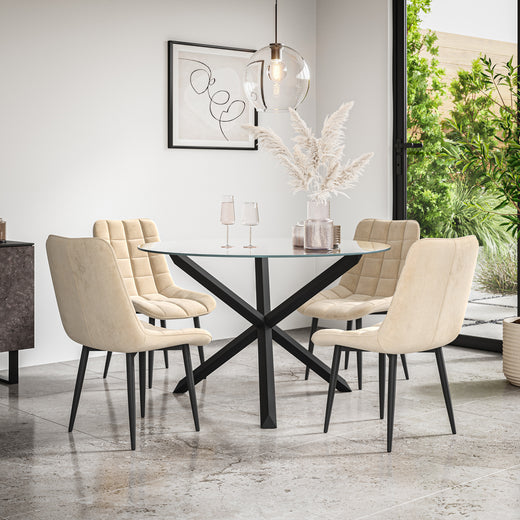 Malvern Round Dining Table And Chairs -  Clear Glass Table Top w Solid Oak Black Legs + Nova Dining Chair Set of 4/6