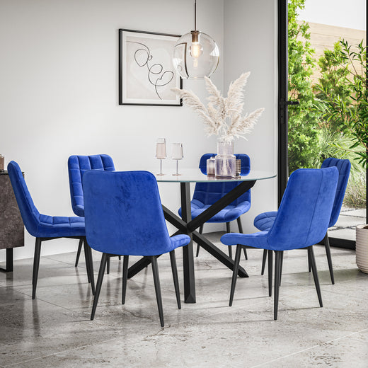 Malvern Round Dining Table And Chairs -  Clear Glass Table Top w Solid Oak Black Legs + Nova Dining Chair Set of 4/6