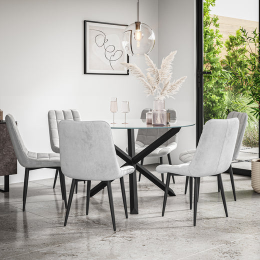 Malvern Round Dining Table And Chairs -  Clear Glass Table Top w Solid Oak Black Legs + Nova Dining Chair Set of 4/6