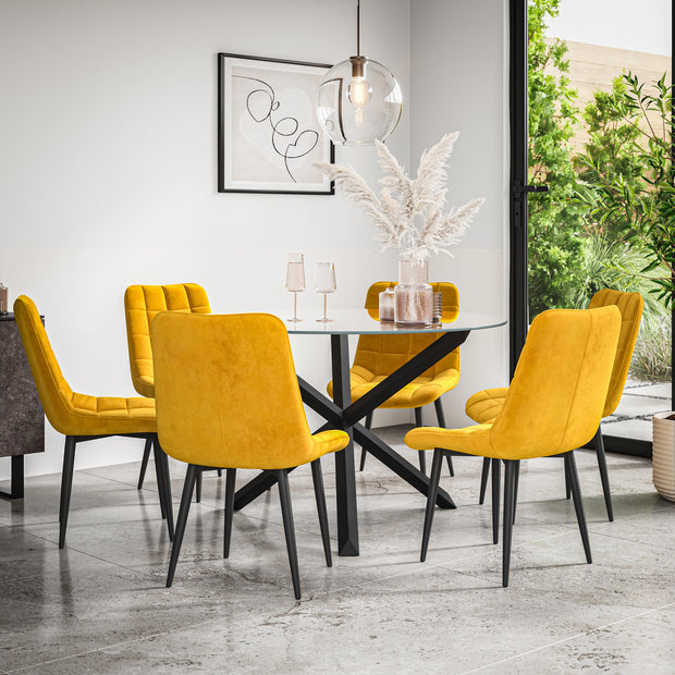 Malvern Round Dining Table And Chairs -  Clear Glass Table Top w Solid Oak Black Legs + Nova Dining Chair Set of 4/6