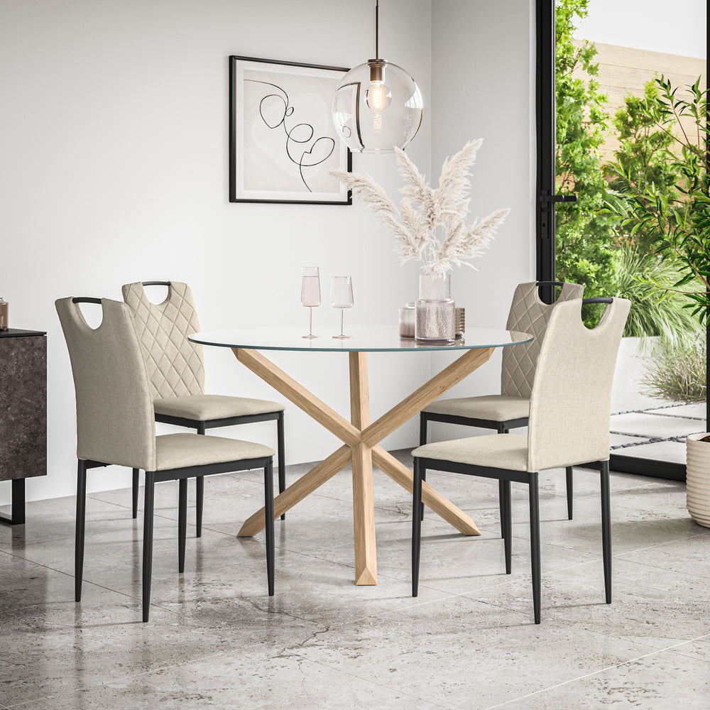 Malvern Round Dining Table And Chairs - Clear Glass Table Top w Solid Oak Legs + Monza Dining Chair Set of 4/6