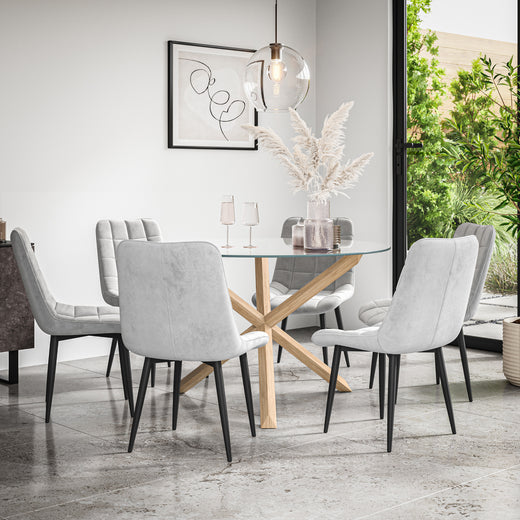 Malvern Round Dining Table And Chairs -  Clear Glass Table Top w Solid Oak Legs + Nova Dining Chair Set of 4/6