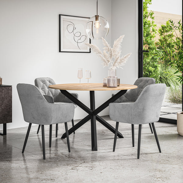 Malvern Round Dining Table And Chairs -  Oak Table Top w Solid Oak Black Legs + Anika Dining Chair Set of 4