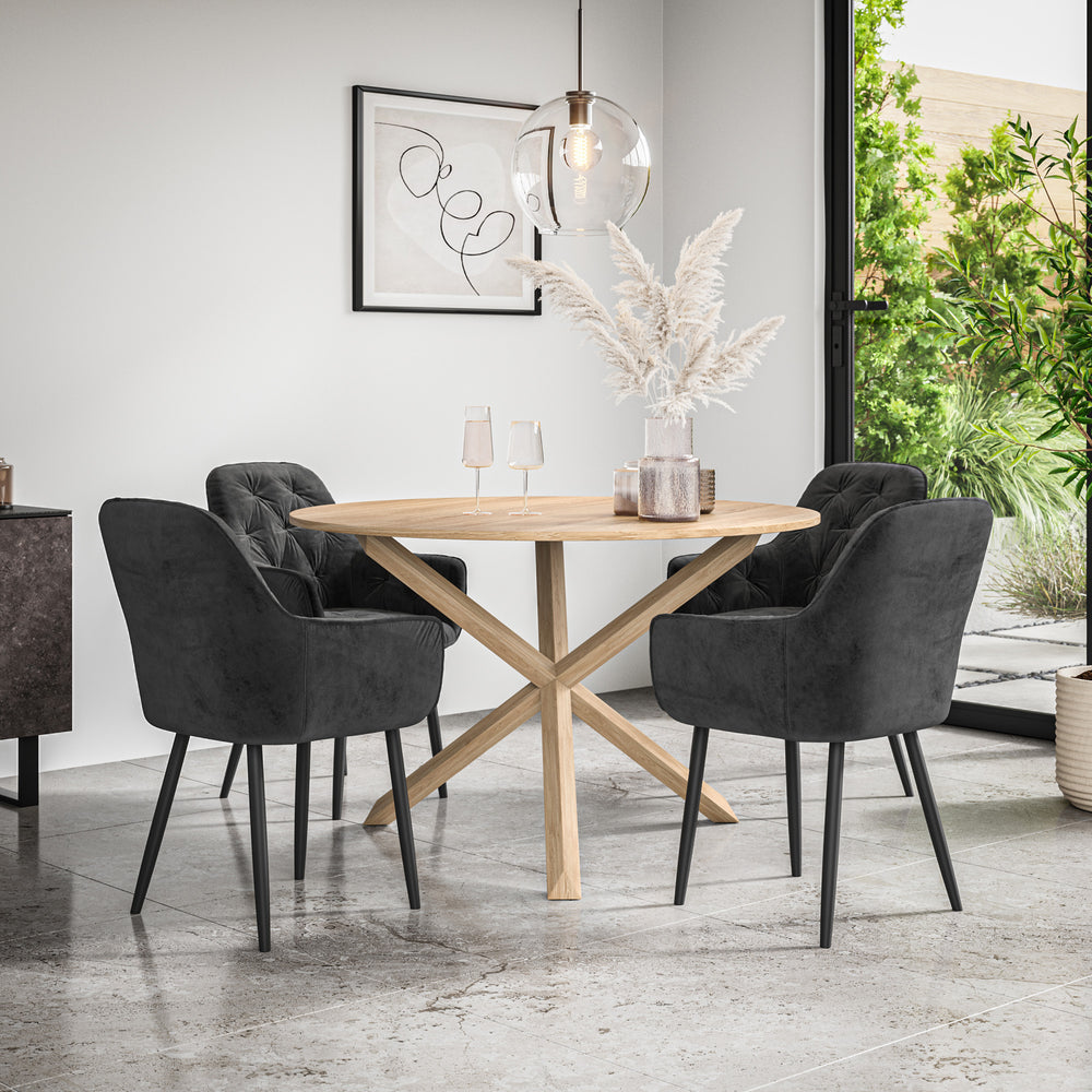 Malvern Round Dining Table And Chairs - Oak Table Top w Solid Oak Legs + Anika Dining Chair Set of 4