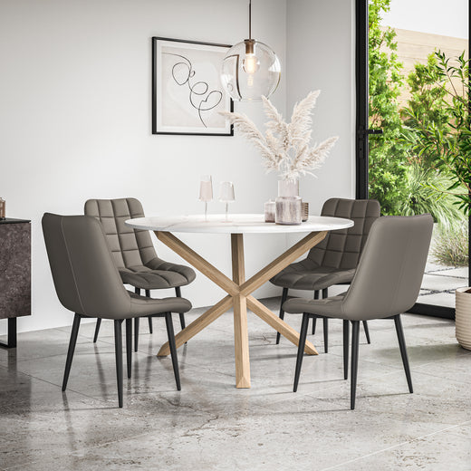 Malvern Round Dining Table And Chairs - Marble Table Top w Solid Oak Legs + Nova Dining Chair Set of 4/6