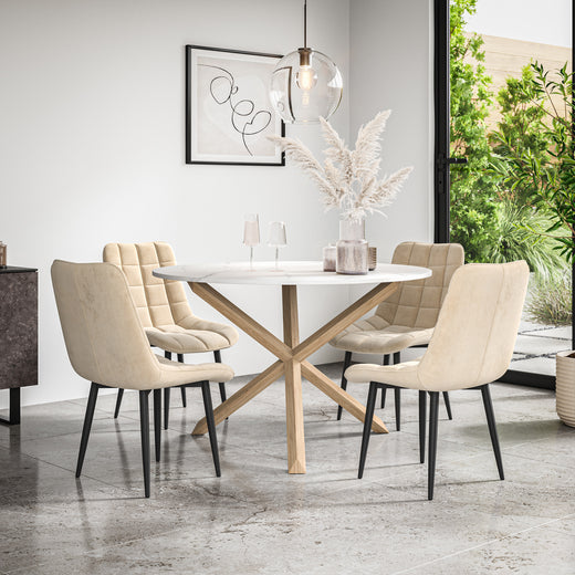Malvern Round Dining Table And Chairs - Marble Table Top w Solid Oak Legs + Nova Dining Chair Set of 4/6