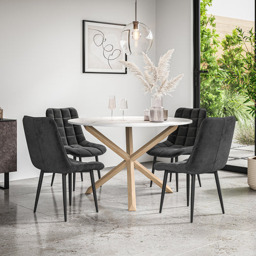 Malvern Round Dining Table And Chairs - Marble Table Top w Solid Oak Legs + Nova Dining Chair Set of 4/6