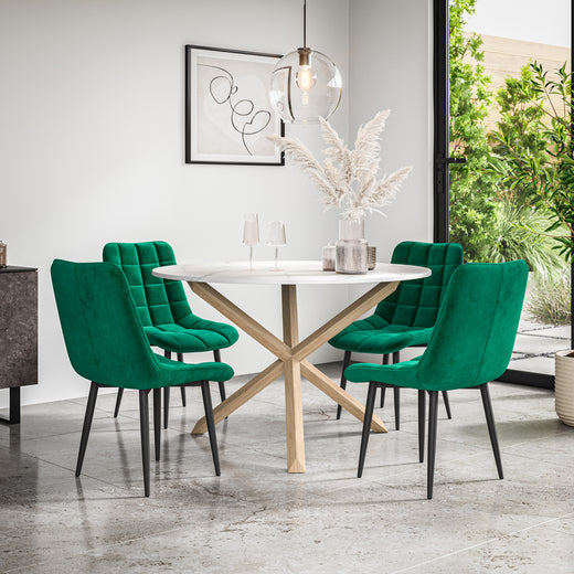 Malvern Round Dining Table And Chairs - Marble Table Top w Solid Oak Legs + Nova Dining Chair Set of 4/6