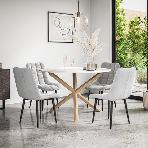 Malvern Round Dining Table And Chairs - Marble Table Top w Solid Oak Legs + Nova Dining Chair Set of 4/6