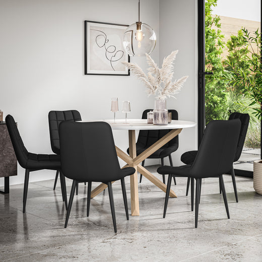 Malvern Round Dining Table And Chairs - Marble Table Top w Solid Oak Legs + Nova Dining Chair Set of 4/6