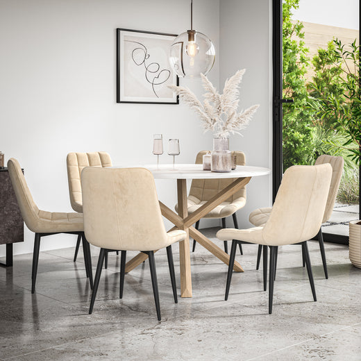 Malvern Round Dining Table And Chairs - Marble Table Top w Solid Oak Legs + Nova Dining Chair Set of 4/6