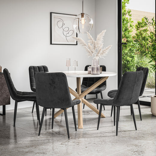 Malvern Round Dining Table And Chairs - Marble Table Top w Solid Oak Legs + Nova Dining Chair Set of 4/6