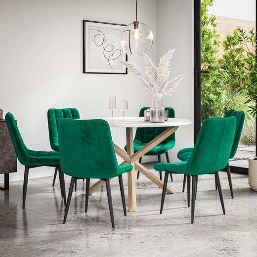 Malvern Round Dining Table And Chairs - Marble Table Top w Solid Oak Legs + Nova Dining Chair Set of 4/6