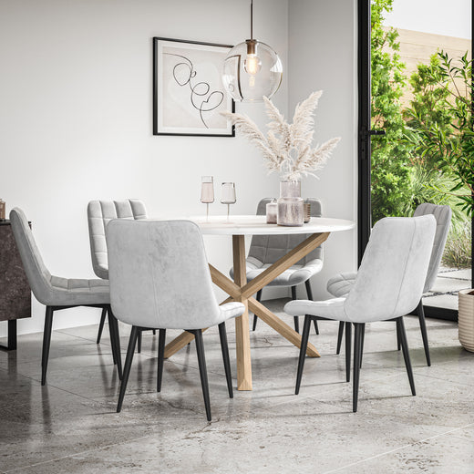 Malvern Round Dining Table And Chairs - Marble Table Top w Solid Oak Legs + Nova Dining Chair Set of 4/6