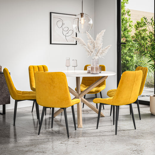 Malvern Round Dining Table And Chairs - Marble Table Top w Solid Oak Legs + Nova Dining Chair Set of 4/6