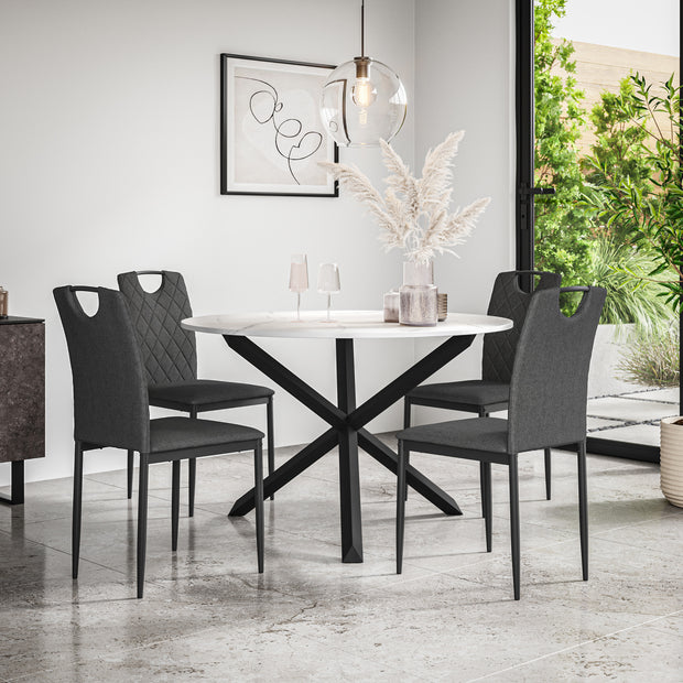 Malvern Round Dining Table And Chairs -  Marble Table Top w Solid Oak Black Legs + Monza Dining Chair Set of 4/6