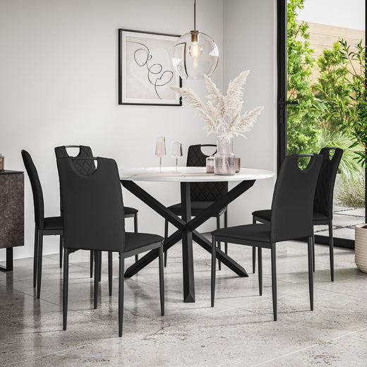 Malvern Round Dining Table And Chairs -  Marble Table Top w Solid Oak Black Legs + Monza Dining Chair Set of 4/6