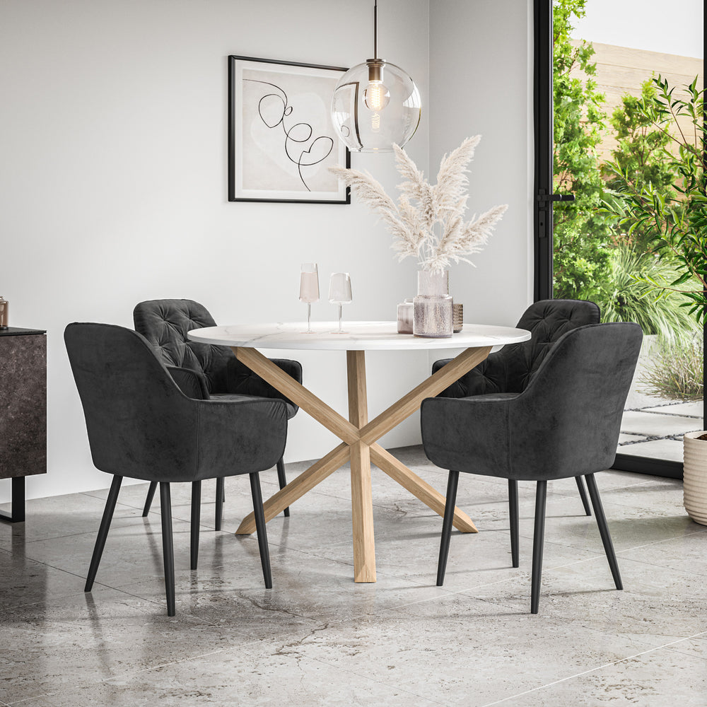 Malvern Round Dining Table And Chairs - Marble Table Top w Solid Oak Legs + Anika Dining Chair Set of 4