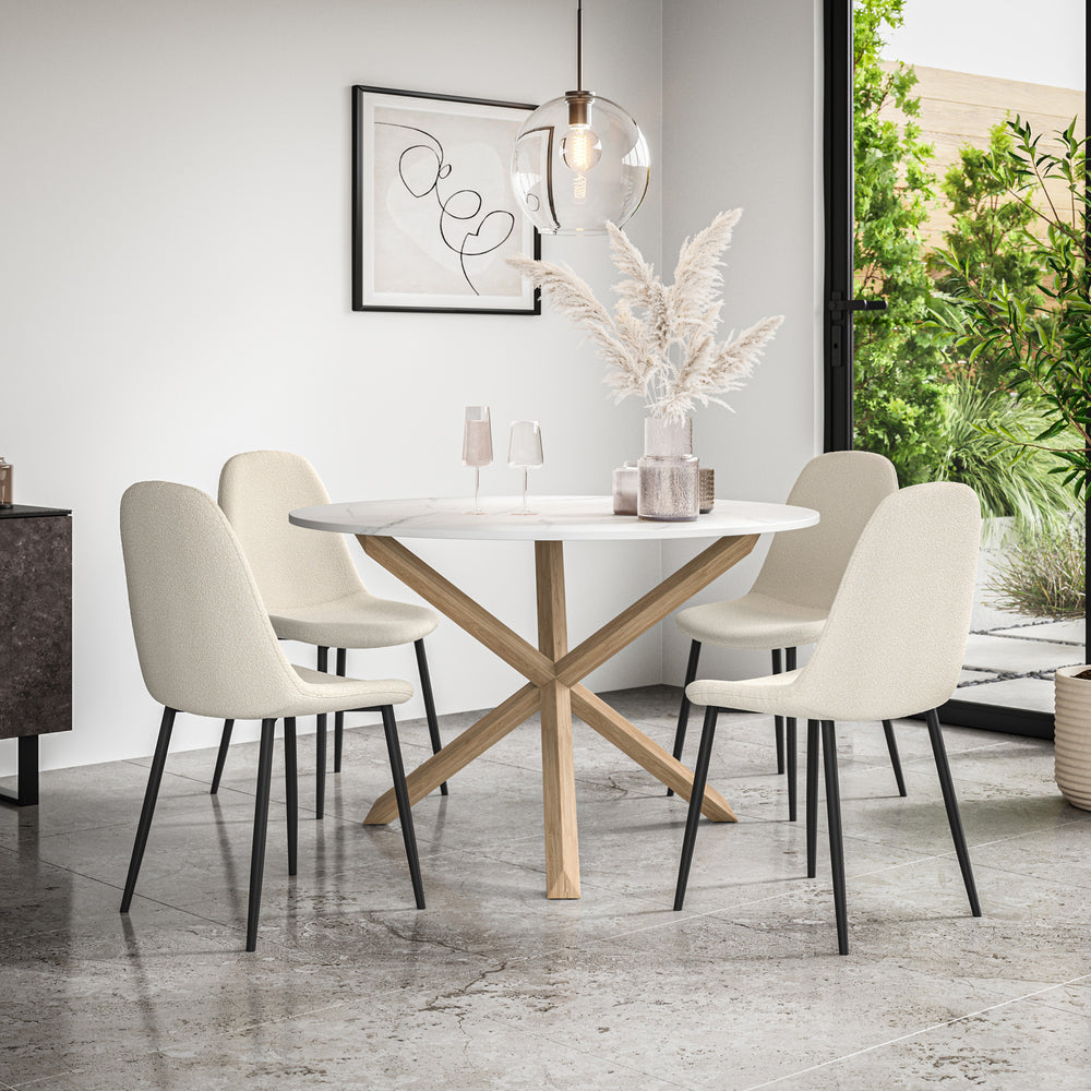Malvern Round Dining Table And Chairs - Marble Table Top w Solid Oak Legs + Maya Boucle Dining Chair Set of 4/6