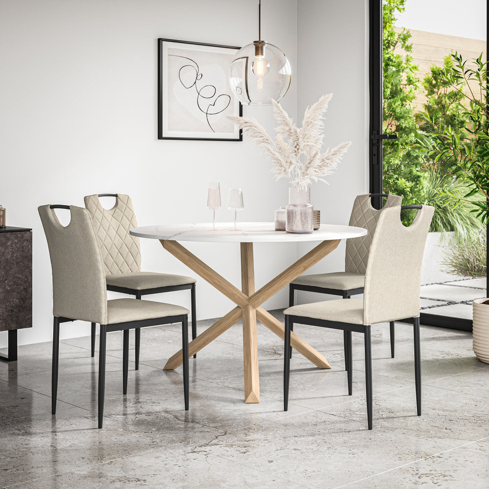 Malvern Round Dining Table And Chairs - Marble Table Top w Solid Oak Legs + Monza Dining Chair Set of 4/6