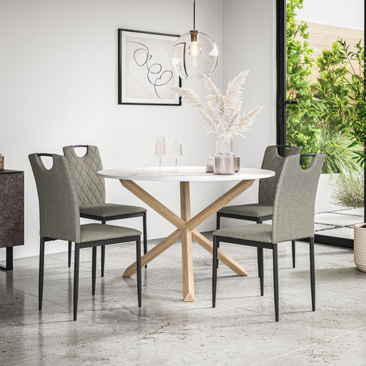 Malvern Round Dining Table And Chairs -  Marble Table Top w Solid Oak Legs + Monza Dining Chair Set of 4/6