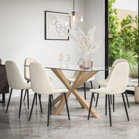 Etta Glass Dining Table And Chairs - Glass Top w Solid Oak Legs + Maya Boucle Dining Chair Set of 4/6