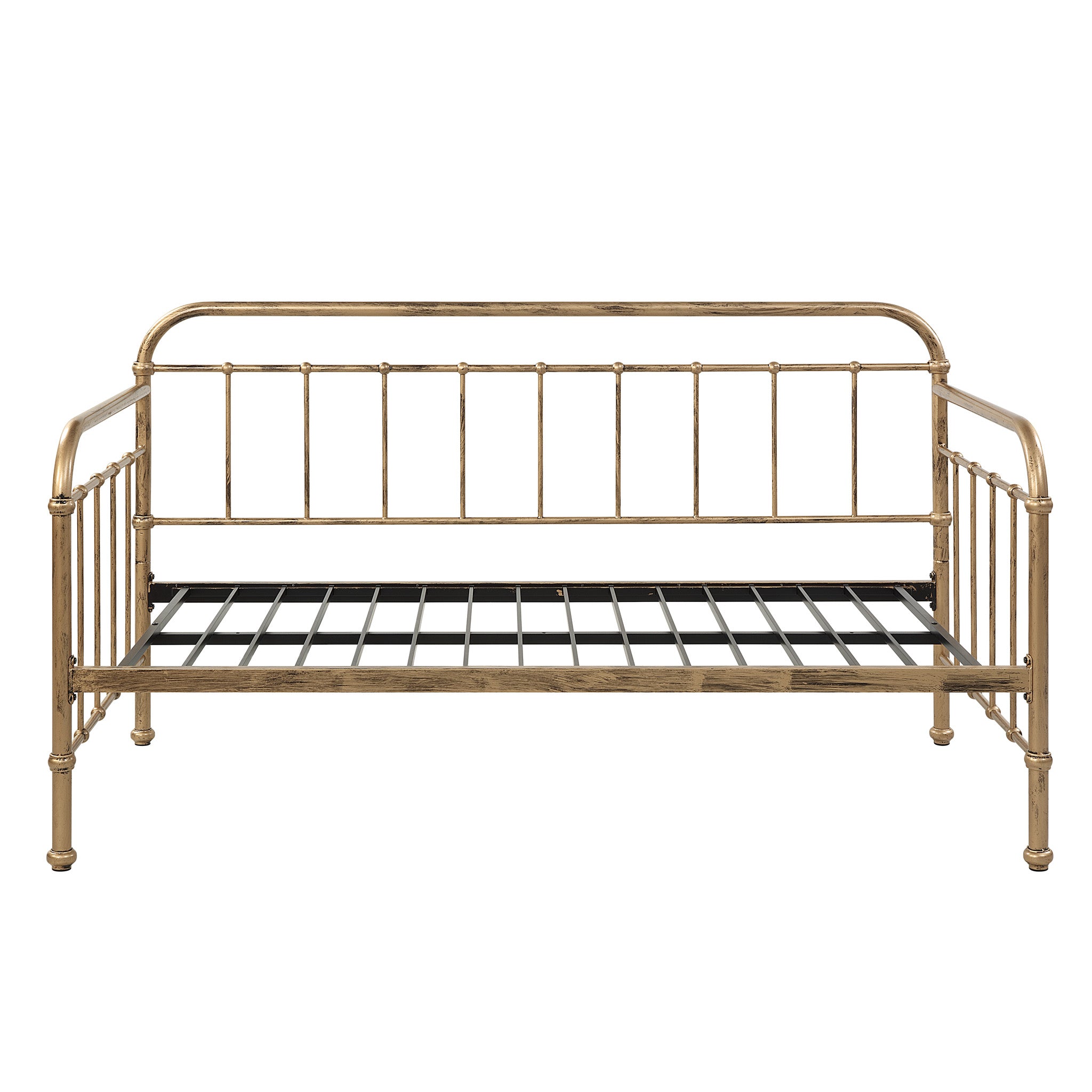 A brass-coloured metal bed frame against a plain white backdrop.