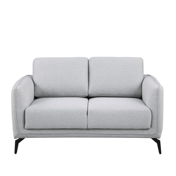 Light grey fabric sofa with black legs set against a plain white backdrop.