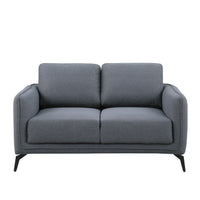 Dark grey fabric sofa with black legs set against a plain white backdrop.