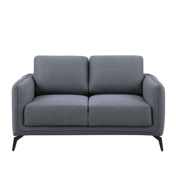 Dark grey fabric sofa with black legs set against a plain white backdrop.