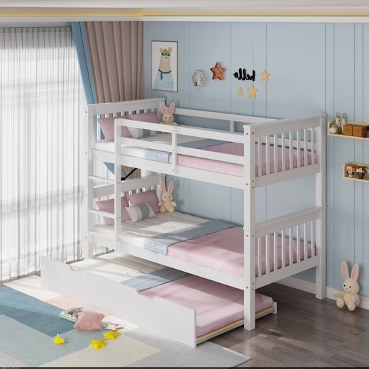 Oliver White Wooden Bunk Bed with Trundle - Single