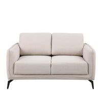 Beige fabric sofa with black legs set against a plain white backdrop.