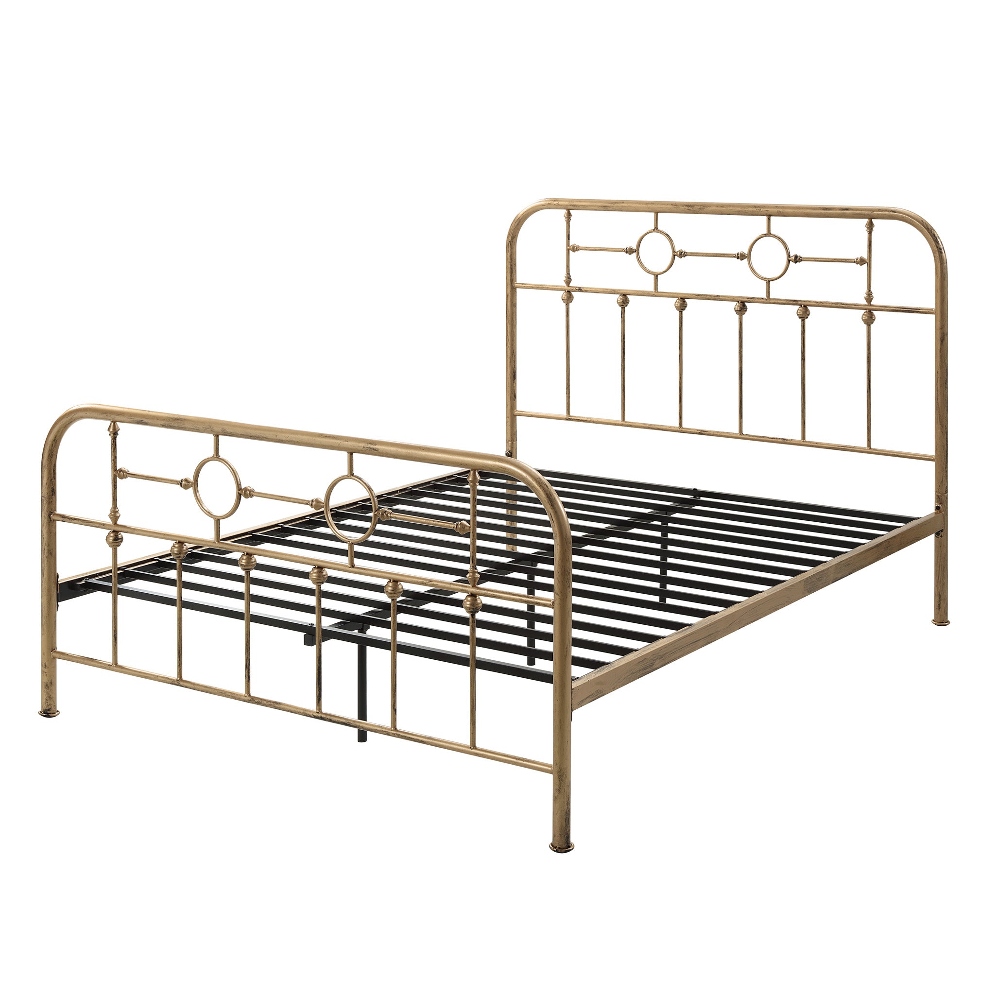 Brass-coloured metal bed frame with circular designs and vertical bars on the headboard and footboard against a plain white background.
