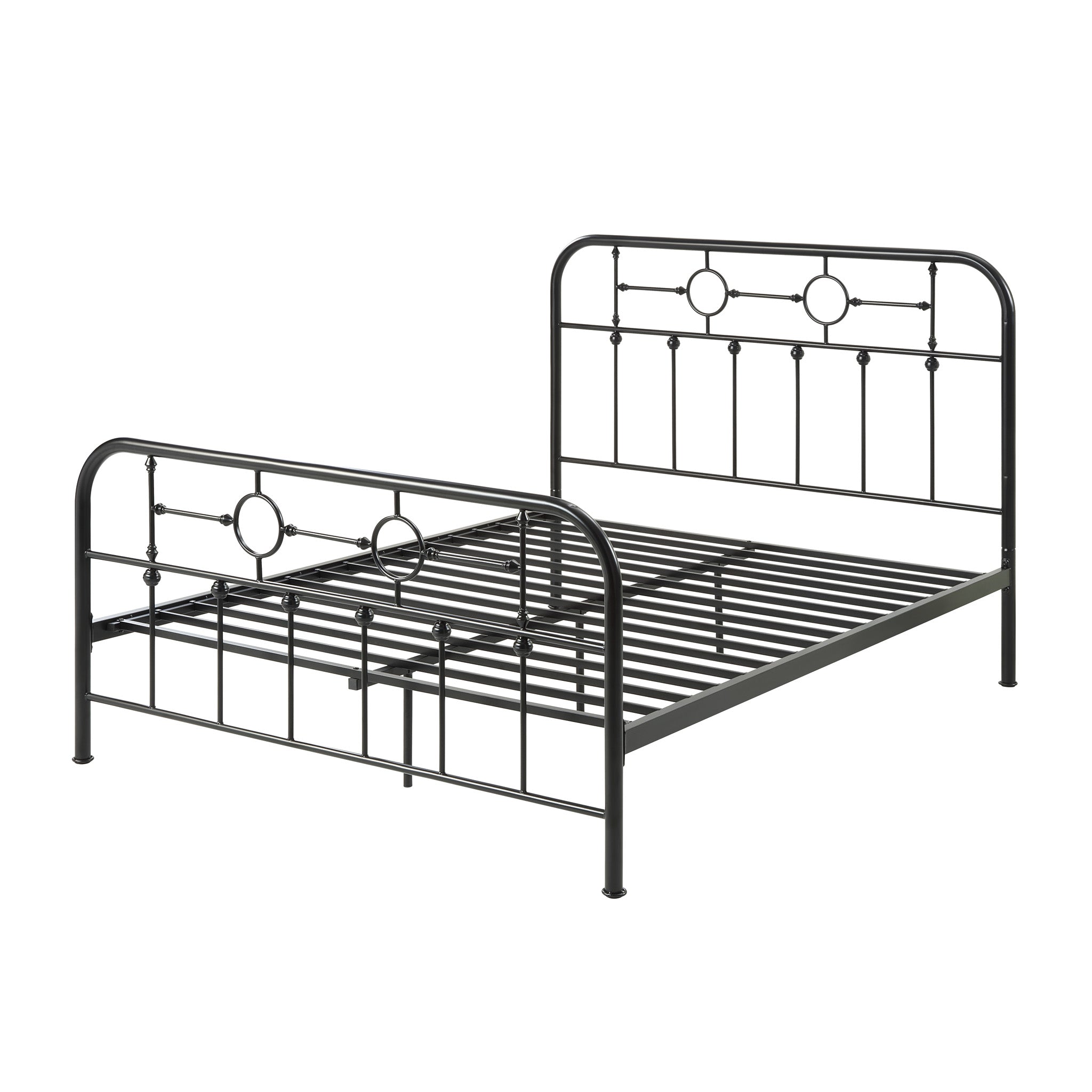 Black metal bed frame with circular designs and vertical bars on the headboard and footboard. The background is a plain white.