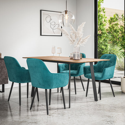 Haydon Extending Dining Table And Chairs -  Oak Effect Table Top w Black Legs + Anika Dining Chair Set of 4/6
