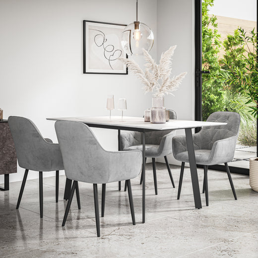 Haydon Extending Dining Table + Chairs- White Marble Effect Table Top w Black Legs + Anika Dining Chair Set of 4/6