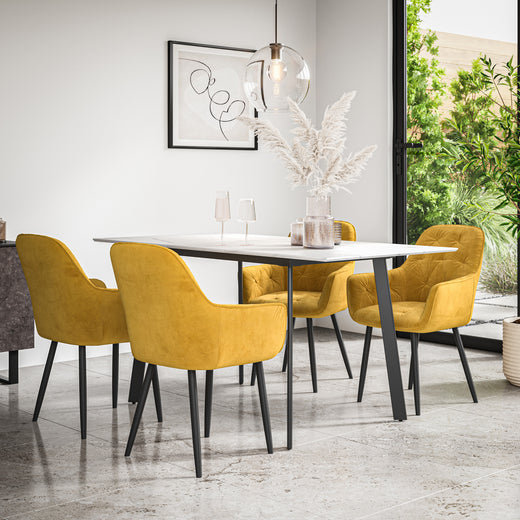 Haydon Extending Dining Table + Chairs- White Marble Effect Table Top w Black Legs + Anika Dining Chair Set of 4/6